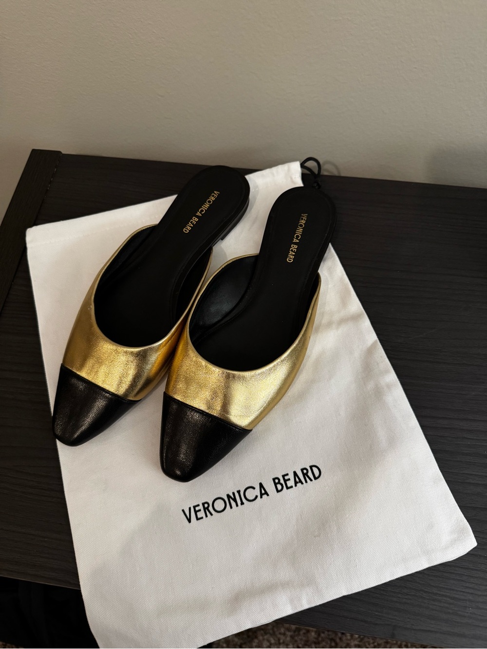 Veronica Beard Metallic Gold with Black Cap-Toe Leather Mules, size 8